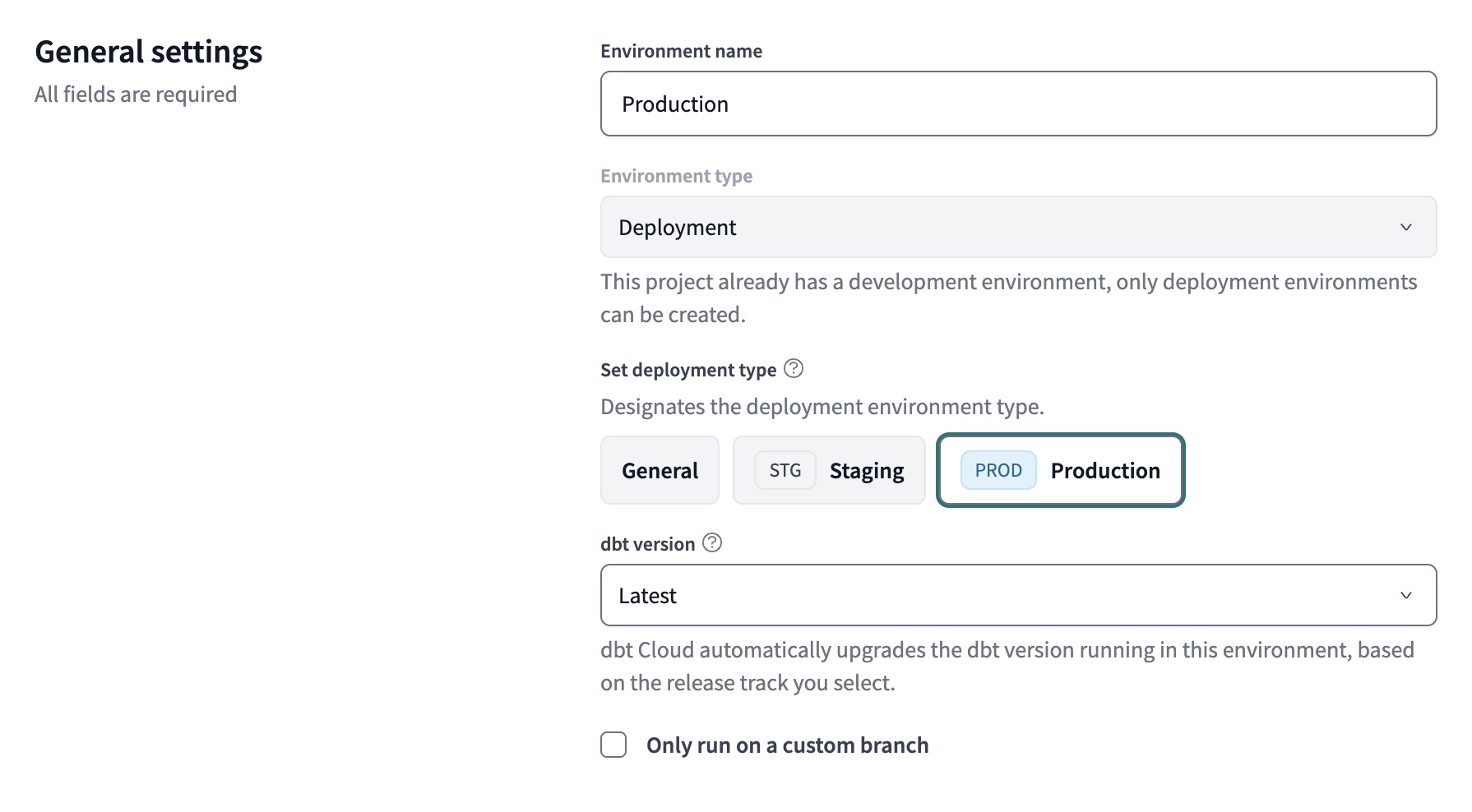 Example environment settings in dbt Cloud